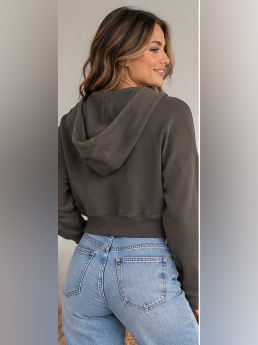 FP Movement by Free People Cropped Full Zip Hoodie in Dark Taupe - Picture 2 of 14